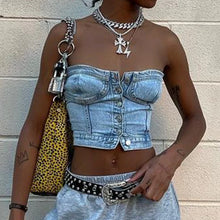 Load image into Gallery viewer, Bluey's Button Down Denim Bustier Crop Top -Strapless Denim
