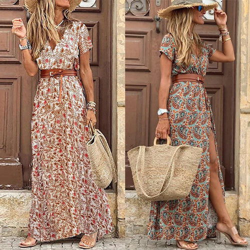 Paisley Boho V Neck Short Sleeve Dress with Belt