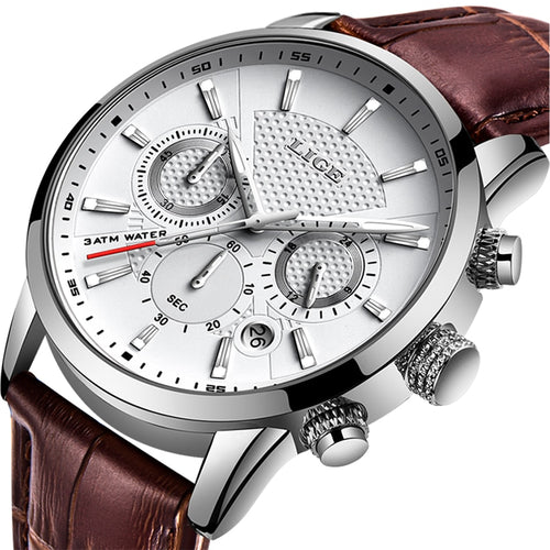 LIGE Leather Chronograph Waterproof Sport